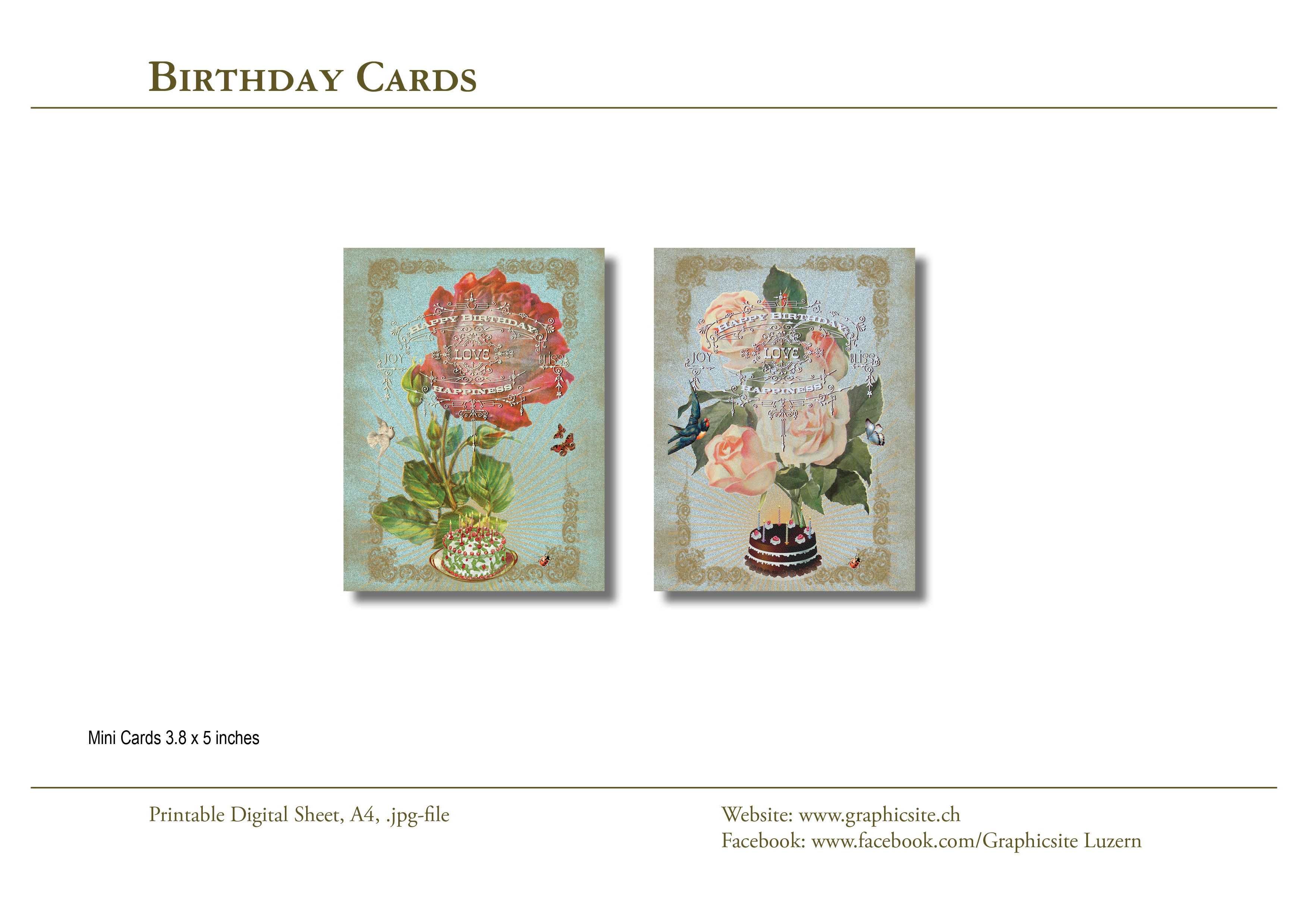 Printable Digital Sheets - 3.8 Mini Cards - Birthday 1 & 2