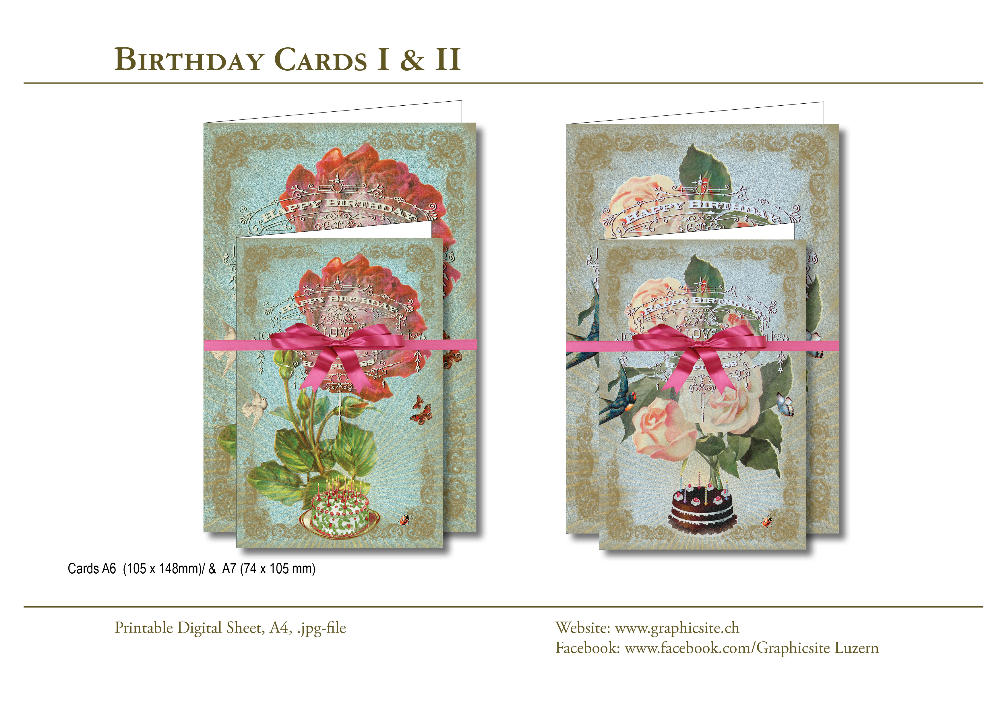 Printable Digital Sheets - Cards A6 / A7 - Birthday 1 & 2