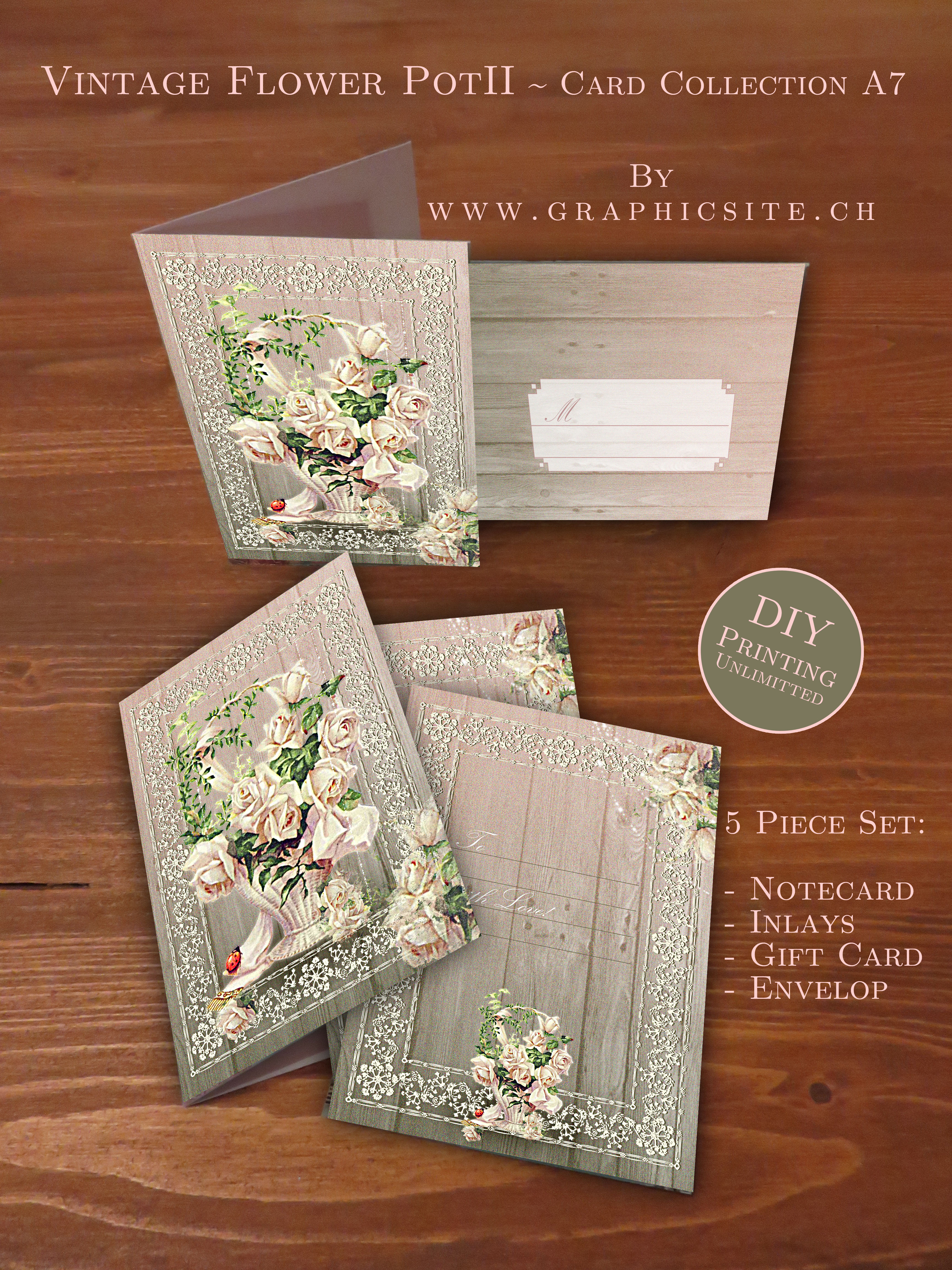 Printable Digital Sheets - Card Collection A7 - VintageFlowerPot2 - Birthday Cards, Envelop, Graphic Design, Luzern