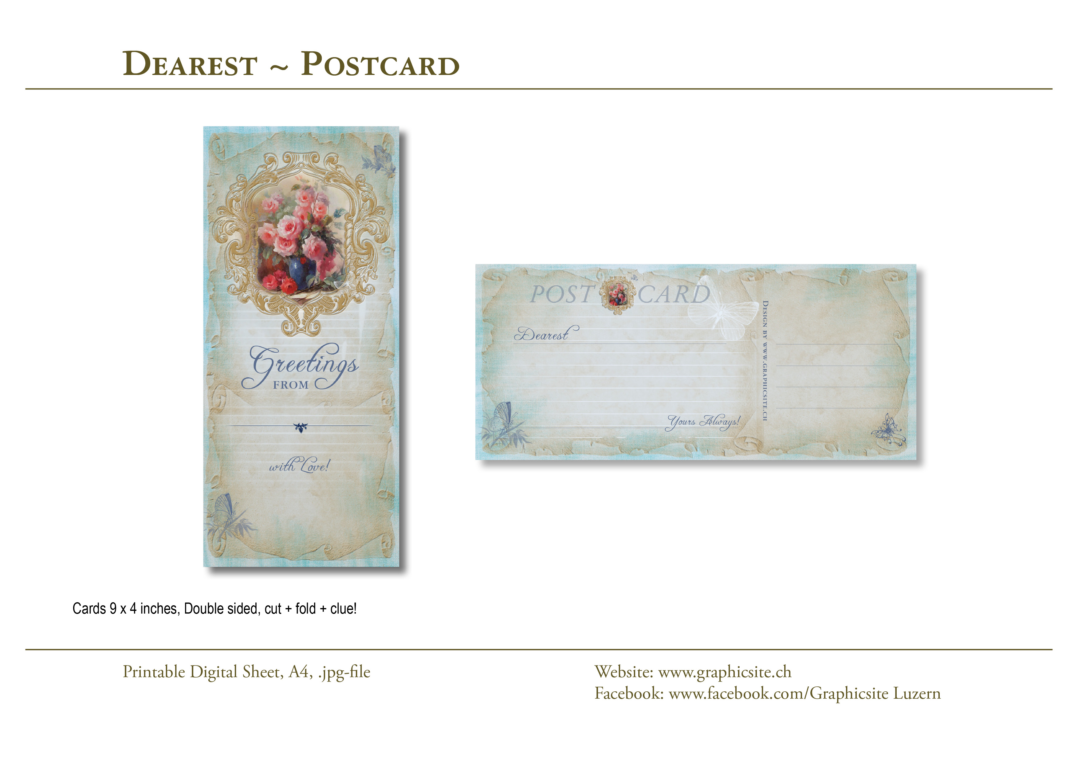 Printable Digital Sheet - Postcard 9x4 - Dearest