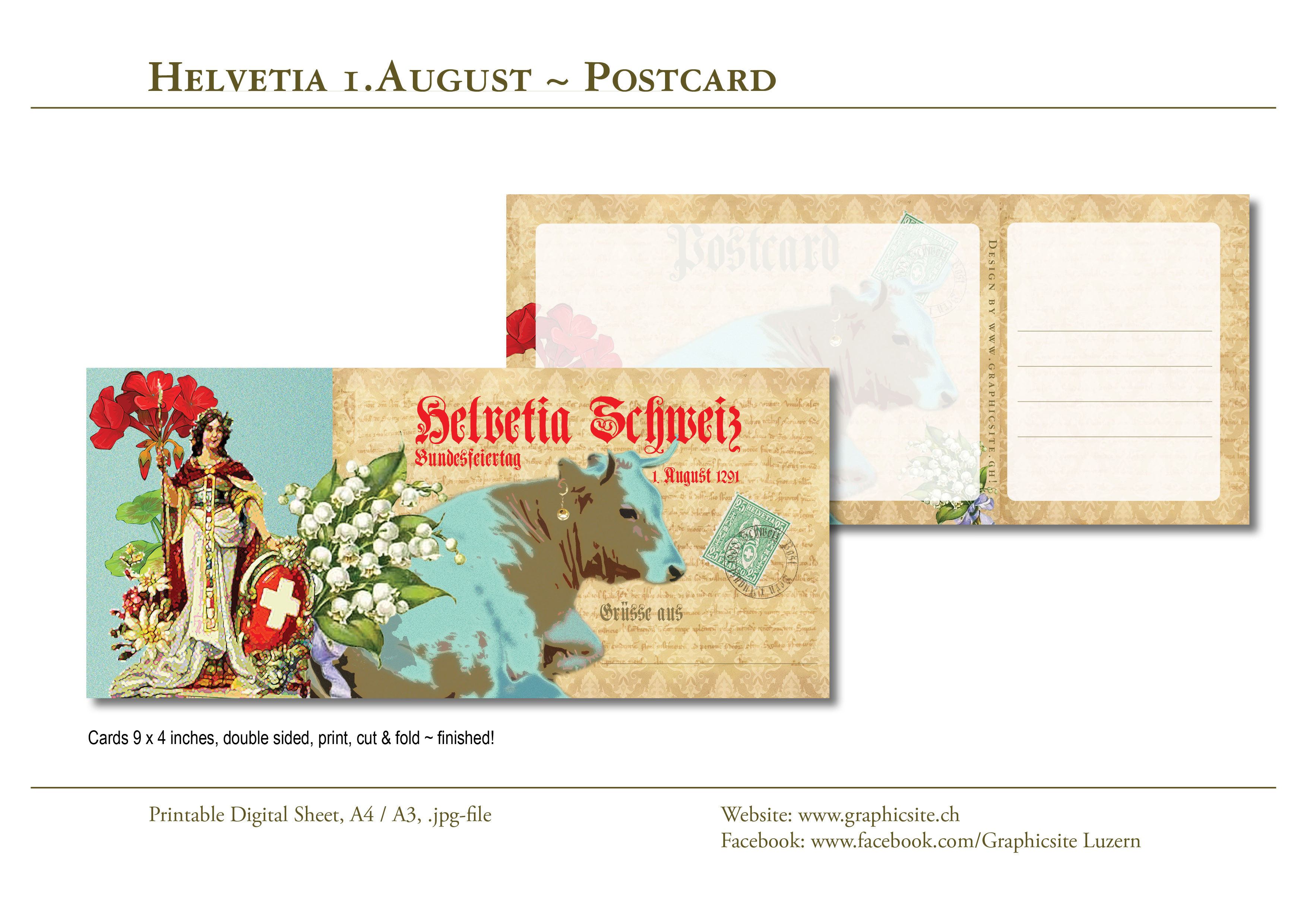 Karten selber drucken - Postkarte 9x4 - Helvetia - 1.August - #schweiz, #suisse, #swizzera, #switzerland, #bundesfeier, postkarte,