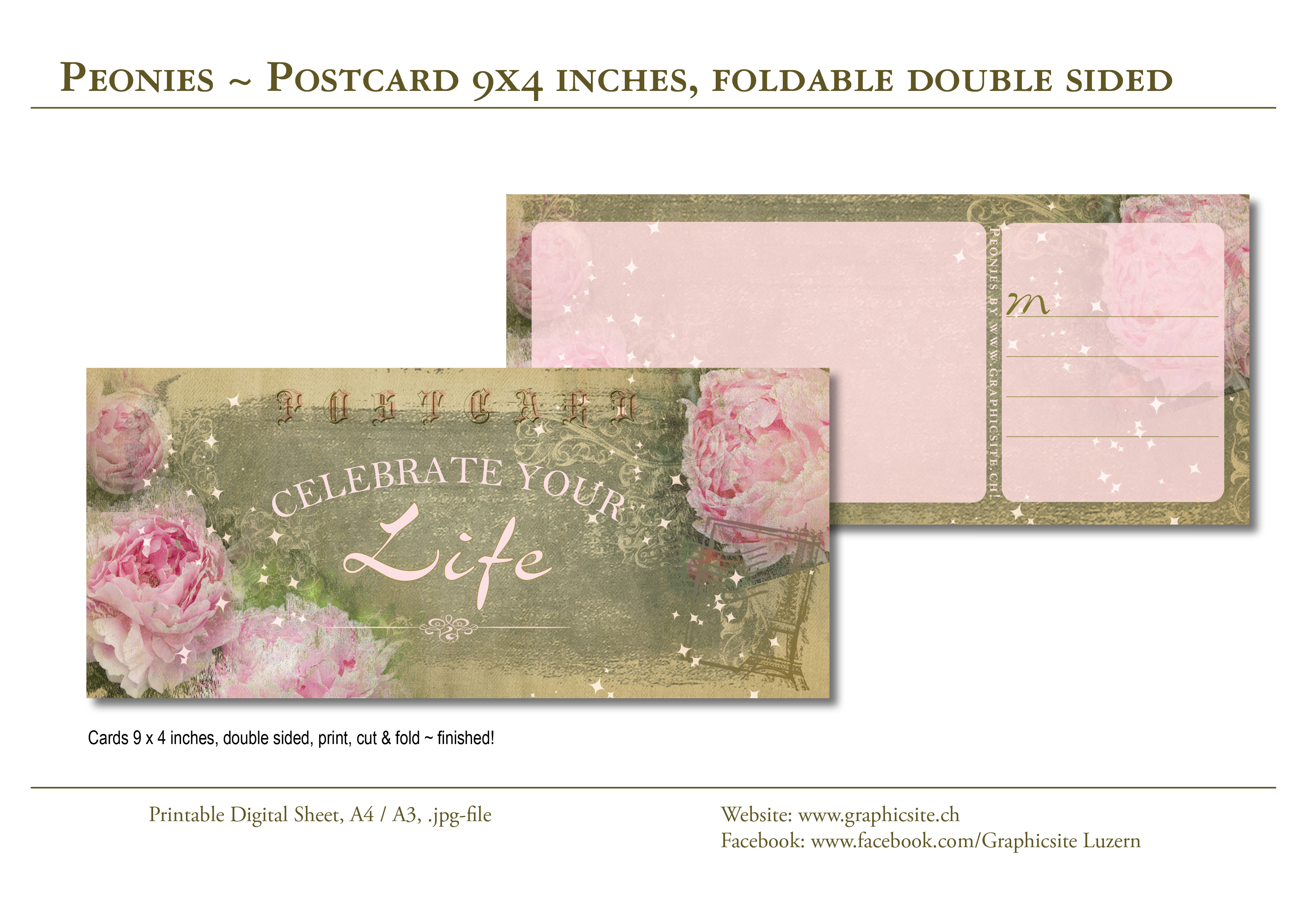 Printable Digital Sheets, Postcard, Flowers, Roses, Peonies, printables, Graphic Design, Luzern,