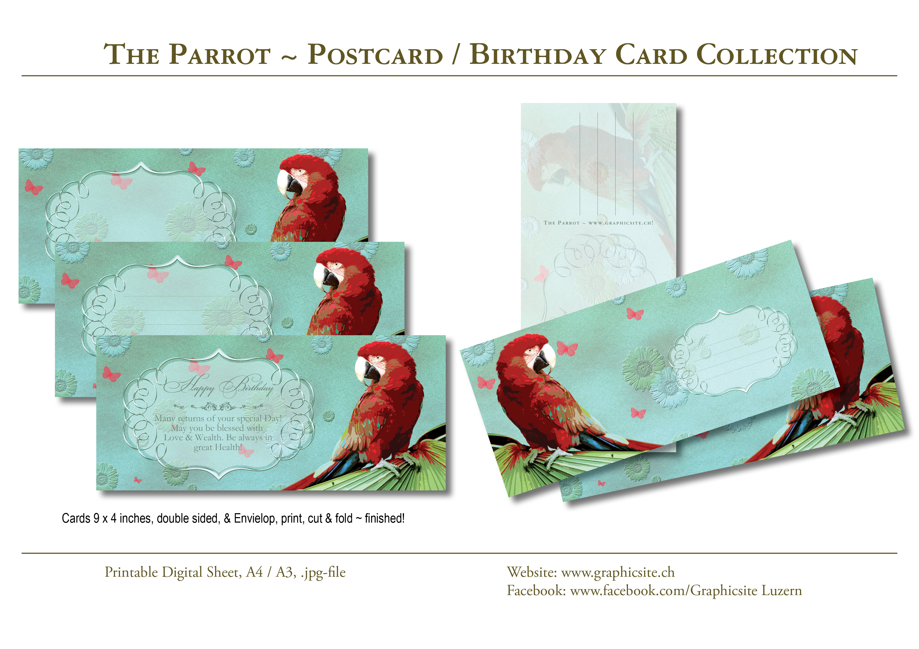Printable Digital Sheets - Cards - Greeting Cards, Postcards, Envelop, Birthday Cards, Parrot, Bird, Animal, Graphic Design, Luzern
