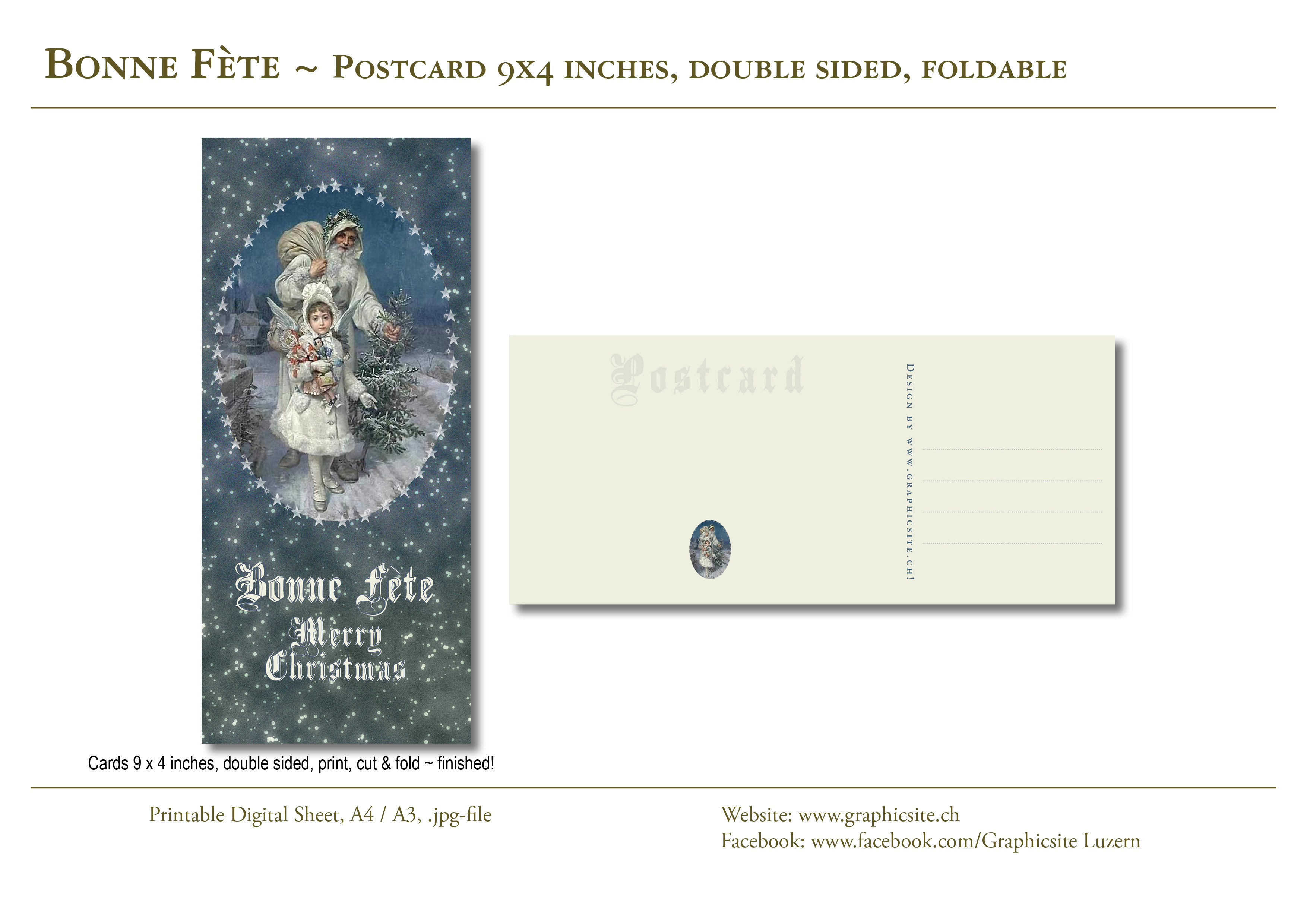 Printable Digital Sheets, Cardmaking, Greeting Cards, Postcard, Christmas, Santa Clause, Winter, Snow,