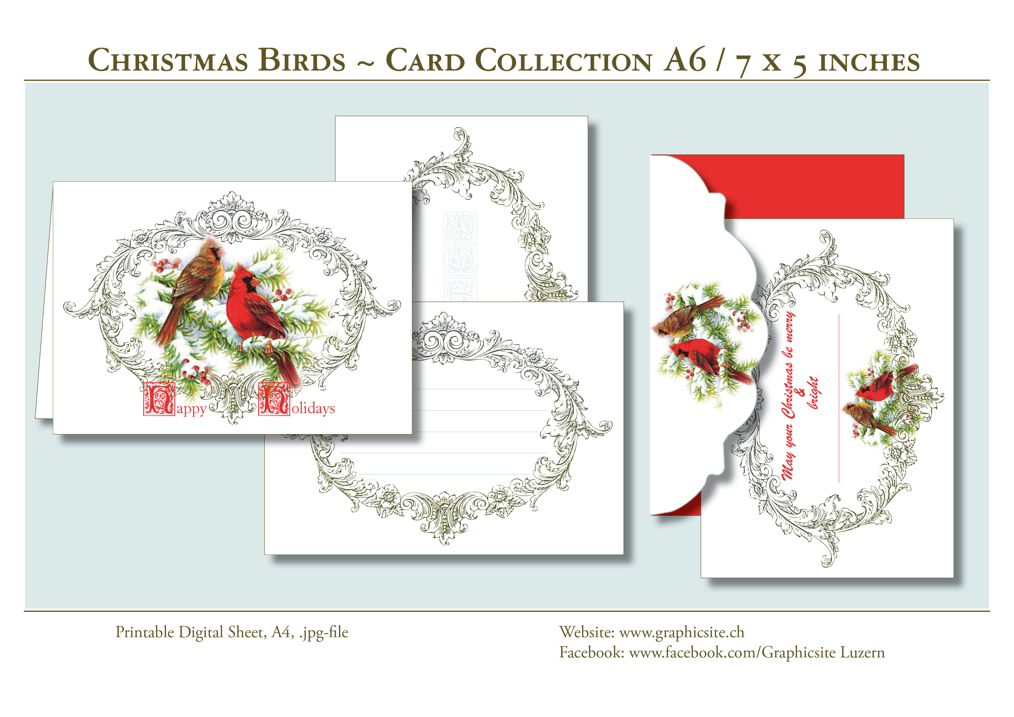 Printable Digital Sheets - Card Collection A6 - Christmas - Birds, Holidays, season, greeting cards, notecards, envelope, graphic design, luzern,