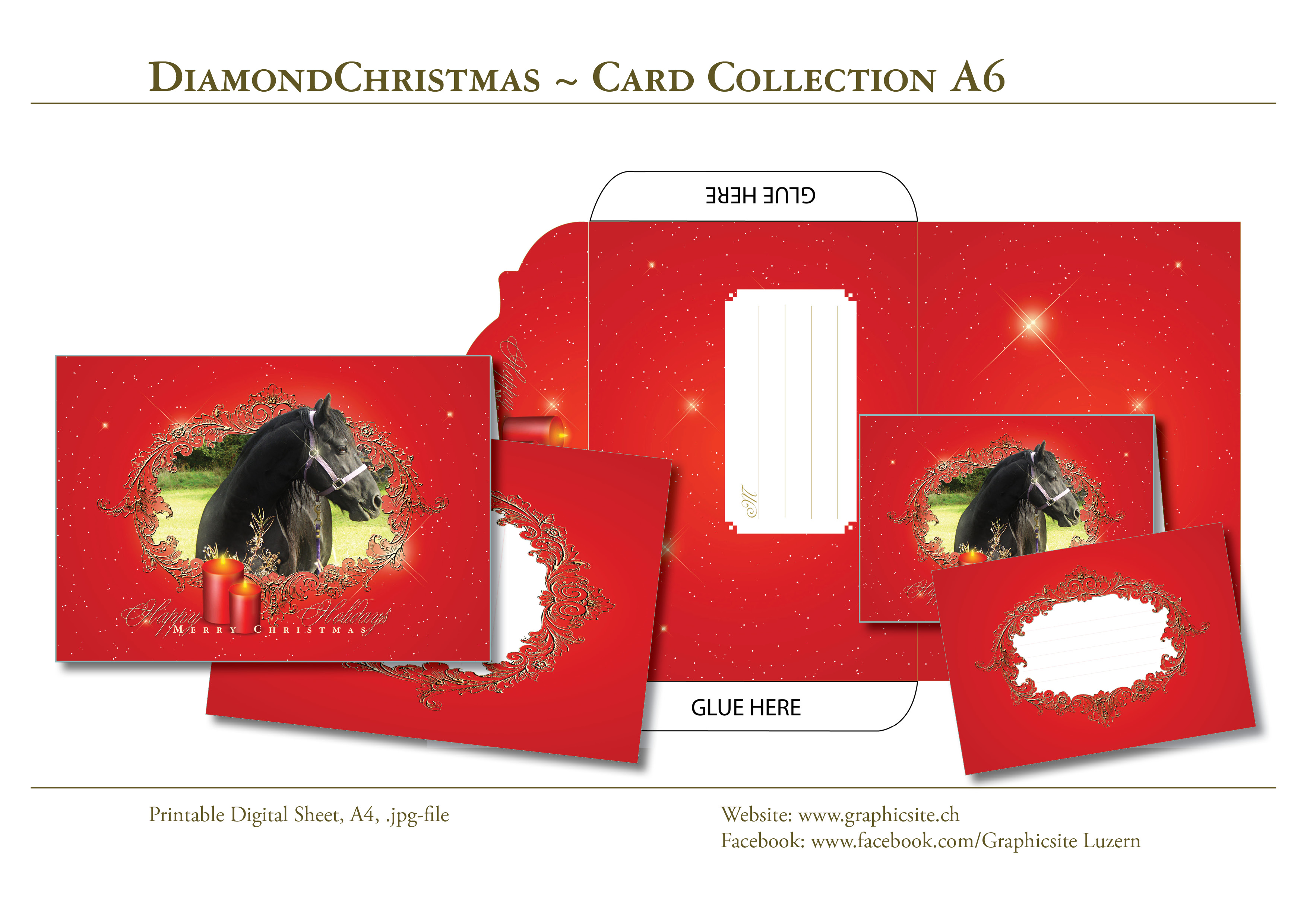 Printable Digital Sheets - DIN A-Files - Christmas Cards, Horse, Friesian, Animal, Greeting Cards, Envelope, Notecards, download, Graphic Design, Luzern
