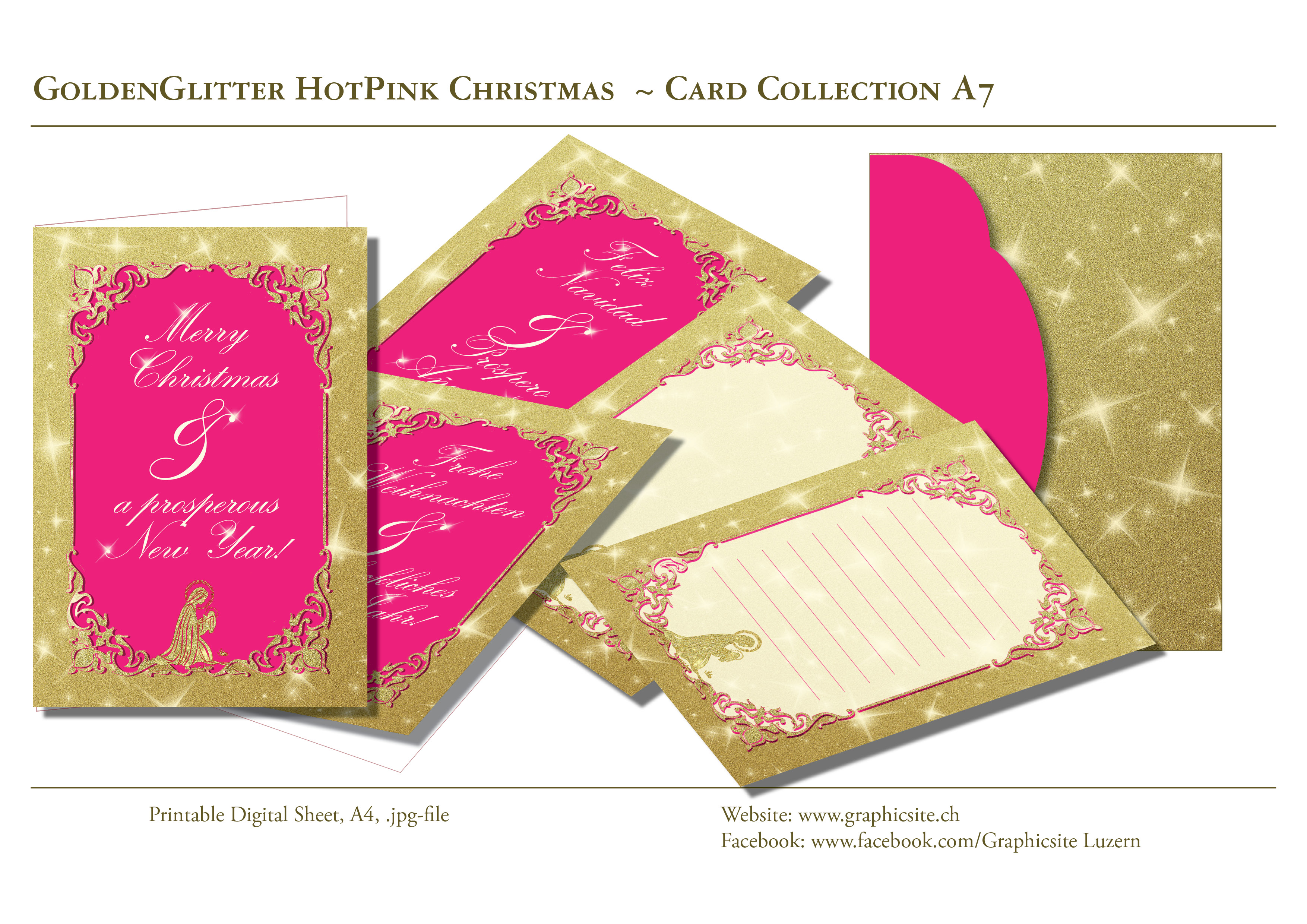 Printable Digital Sheets - Card Collection A7 - Christmas - Greeting Cards, Golden Glitter, Pink, Stars, Mary, Graphic Design, Luzern,