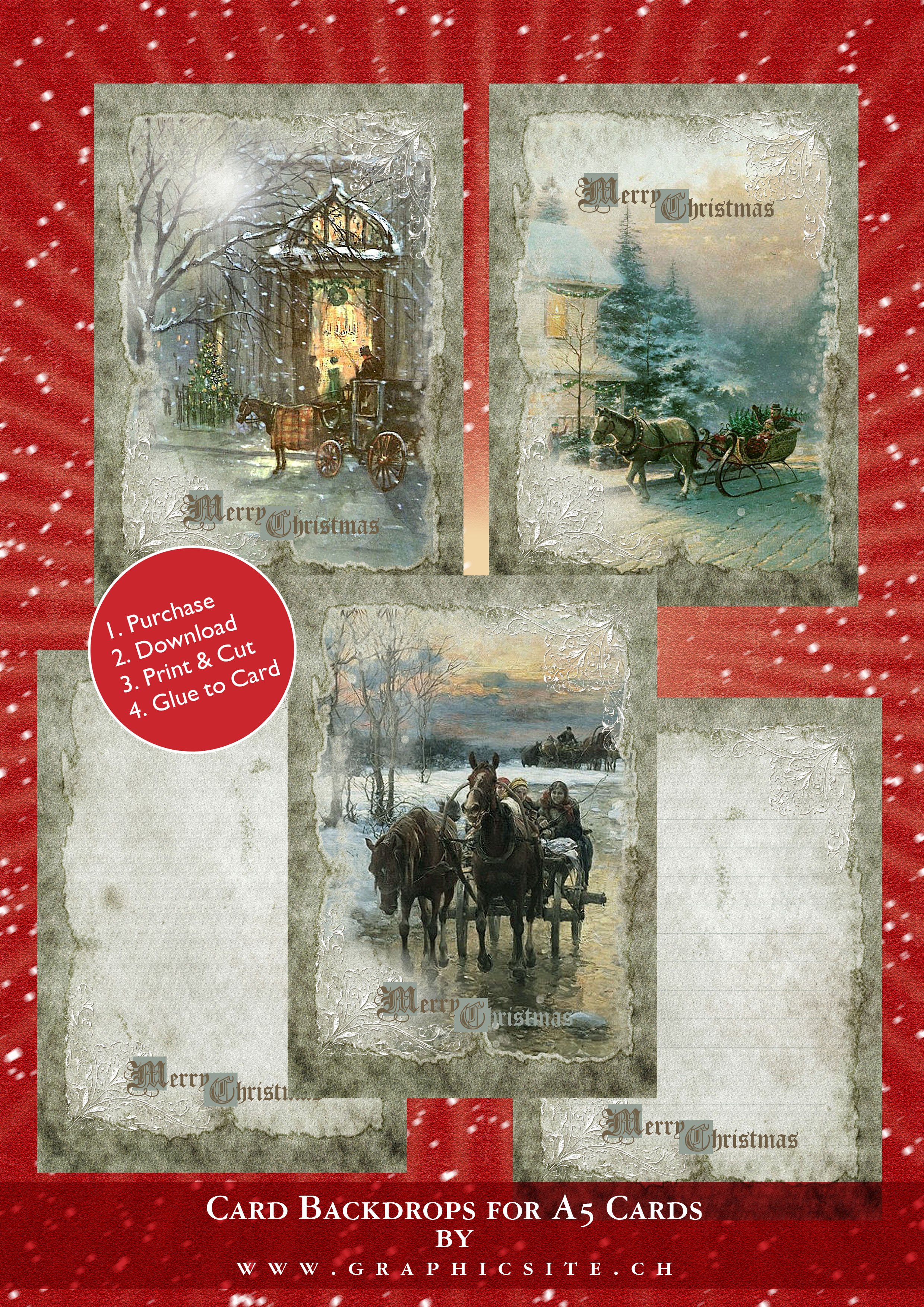Printable Digital Sheets, Photo Collage, Christmas, Sleigh, Horses, Vintage, download,