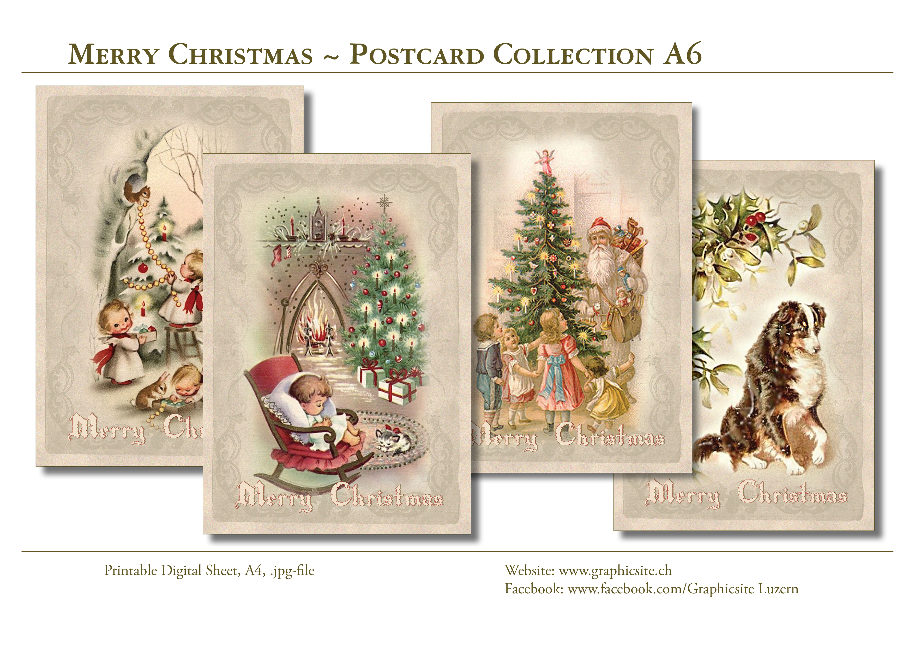 Printable Digital Sheets, download, Christmas, Greeting Cards, Postcards, Santa Claus, Winter,