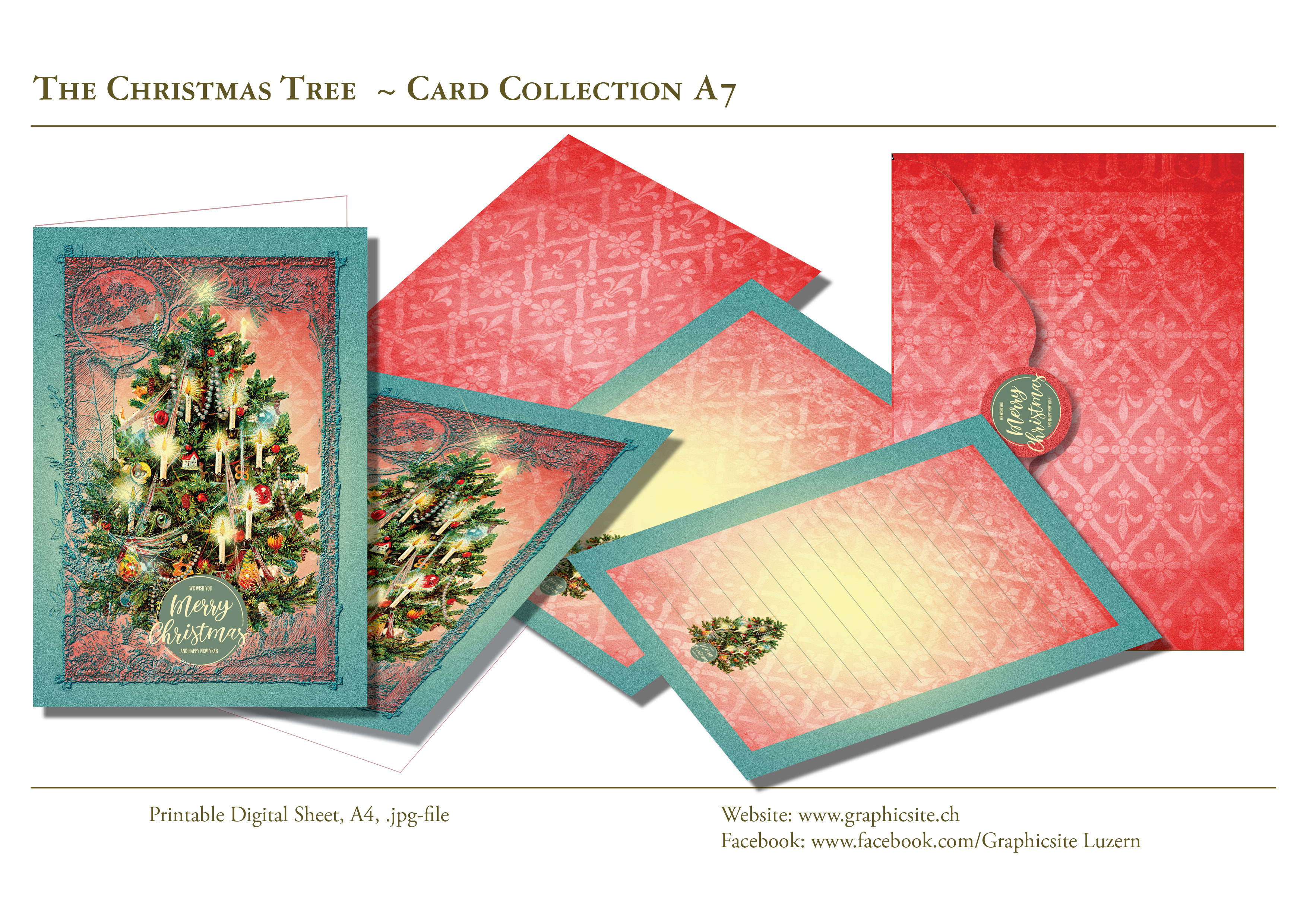 Printable Digital Sheets - Card Collection A7, Greeting Cards, Envelope, Notecards, Christmas, Tree, Lights, Holidays, Season, Graphic Design, Luzern, Schweiz,