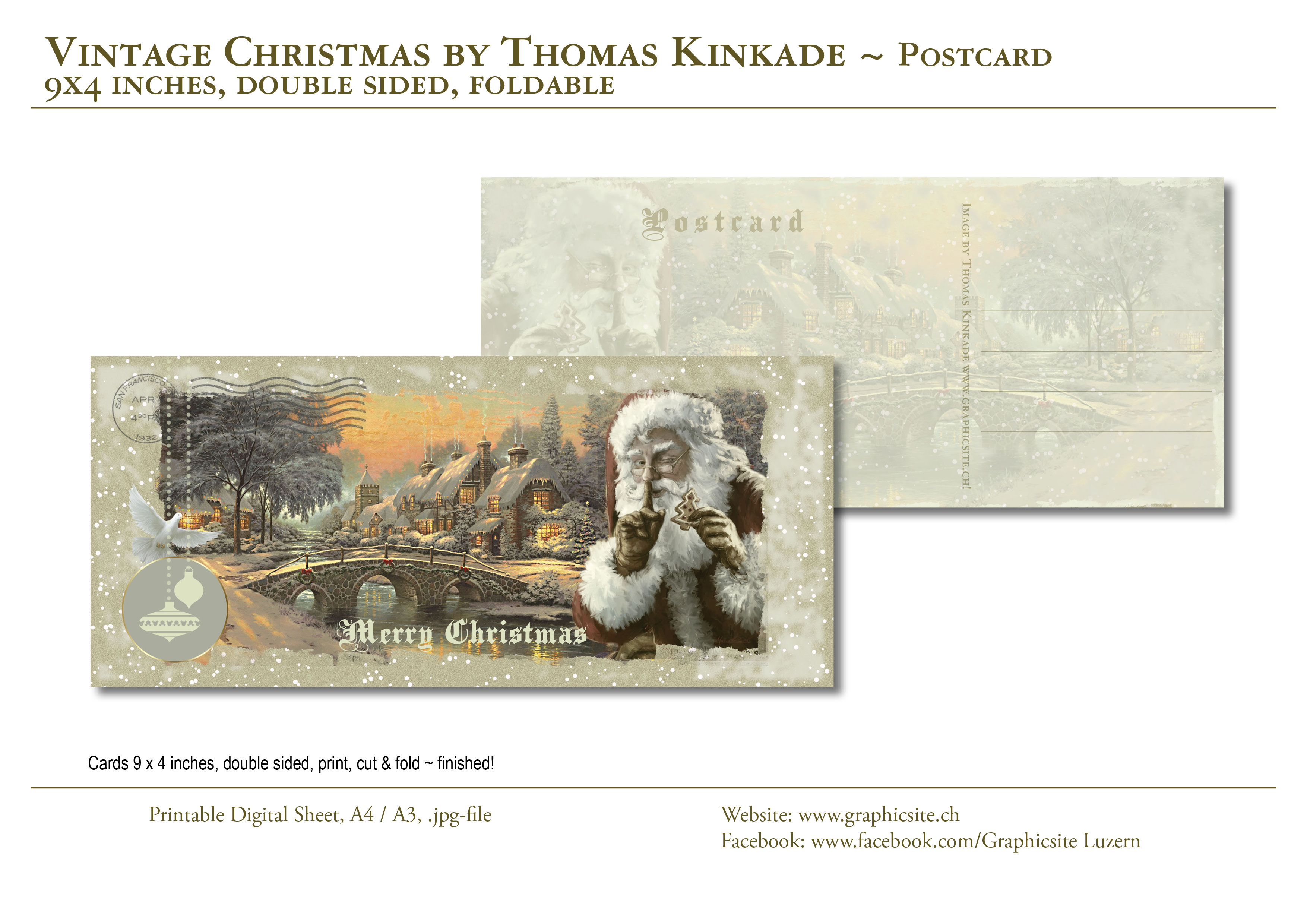 Printable Digital Sheets, Postcard, Christmas, Vintage, Santa Clause, Thomas Kinkade, Winter, Scenery, Landscape, Snow,