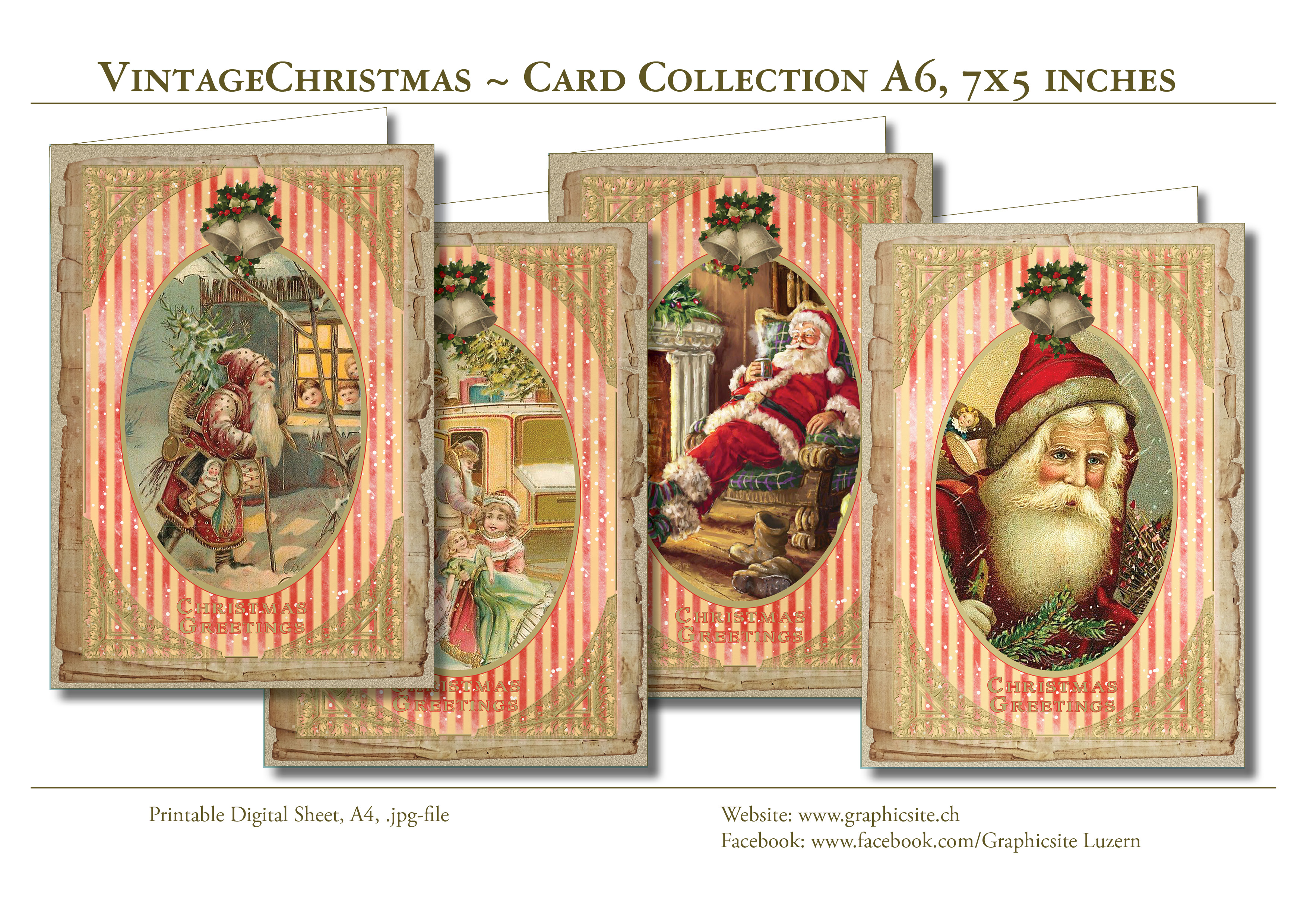 Printable Digital Sheets, download, Greeting Cards, Christmas, Holidays, Season, Santa Claus, 