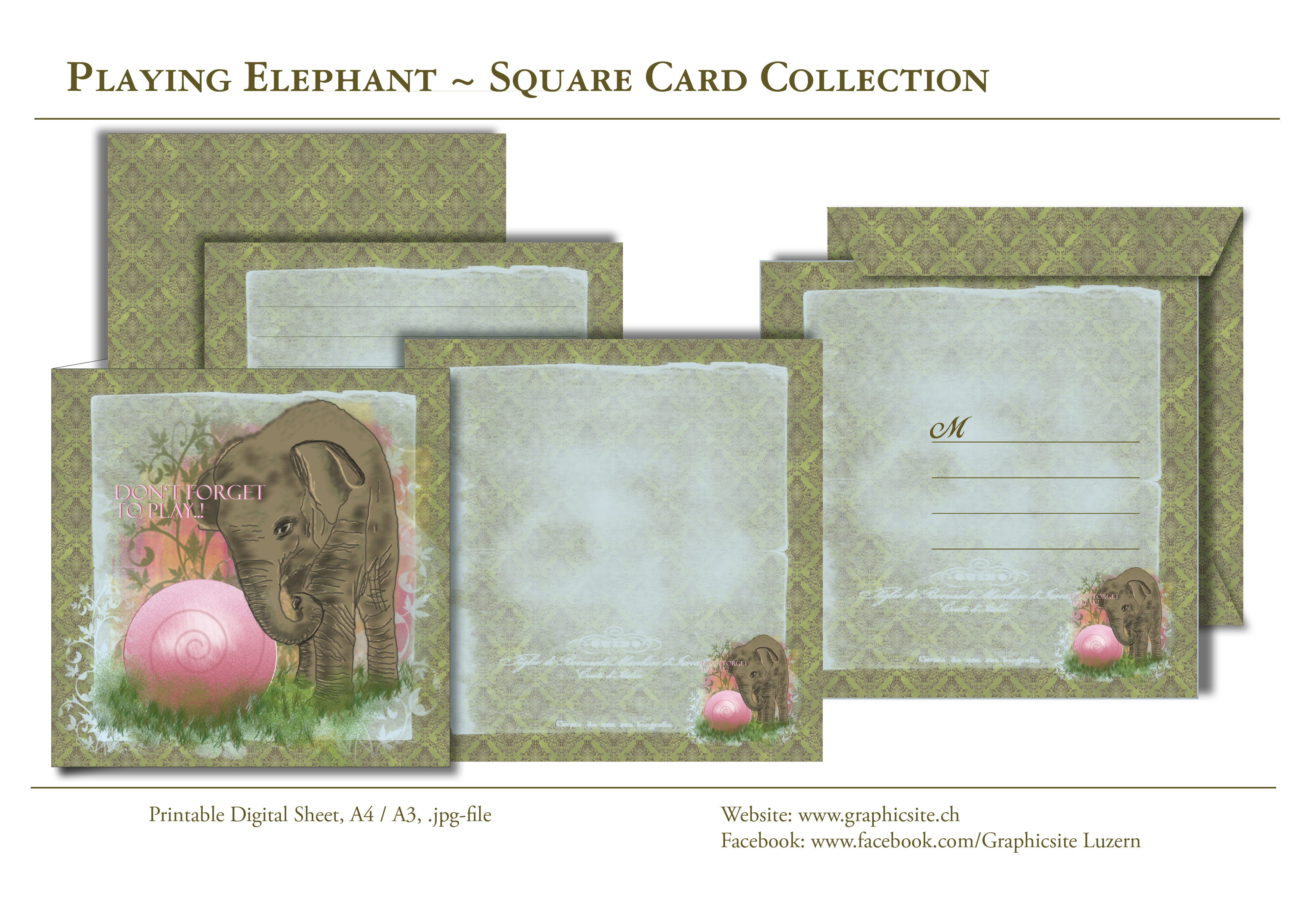 Printable Digital Sheets - Square Card Collection, Animals, Elephant, playing, ball, nature, greeting card, envelope, notecard, blankcard, 