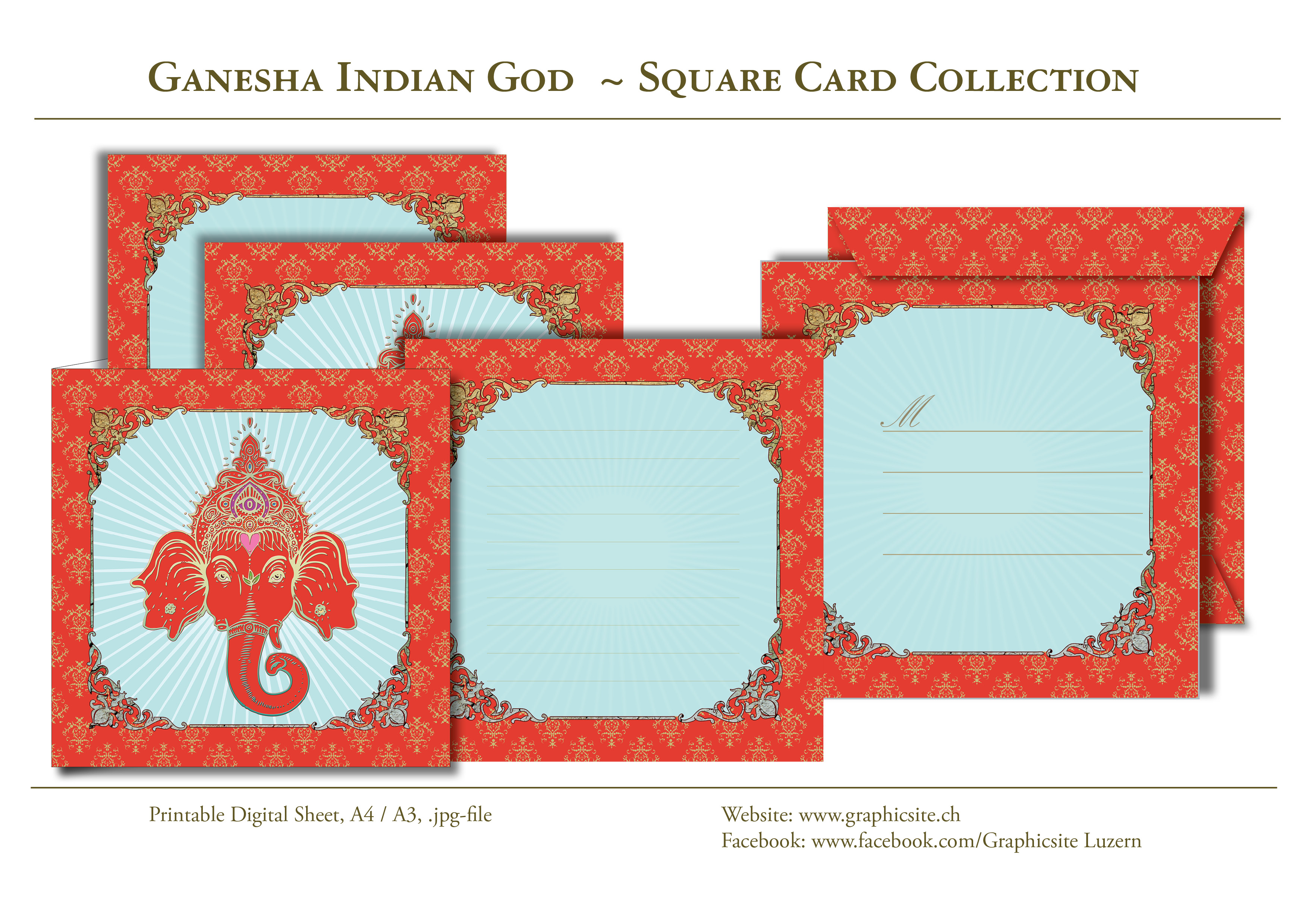 Ganesha Indischer Gott -  Kartenkollektion - Kuvert, Indien,  Yoga, Meditation, druckbare Karten Quadratisch, download, Graphic Design Luzern, Grafiker Luzern, Schweiz
