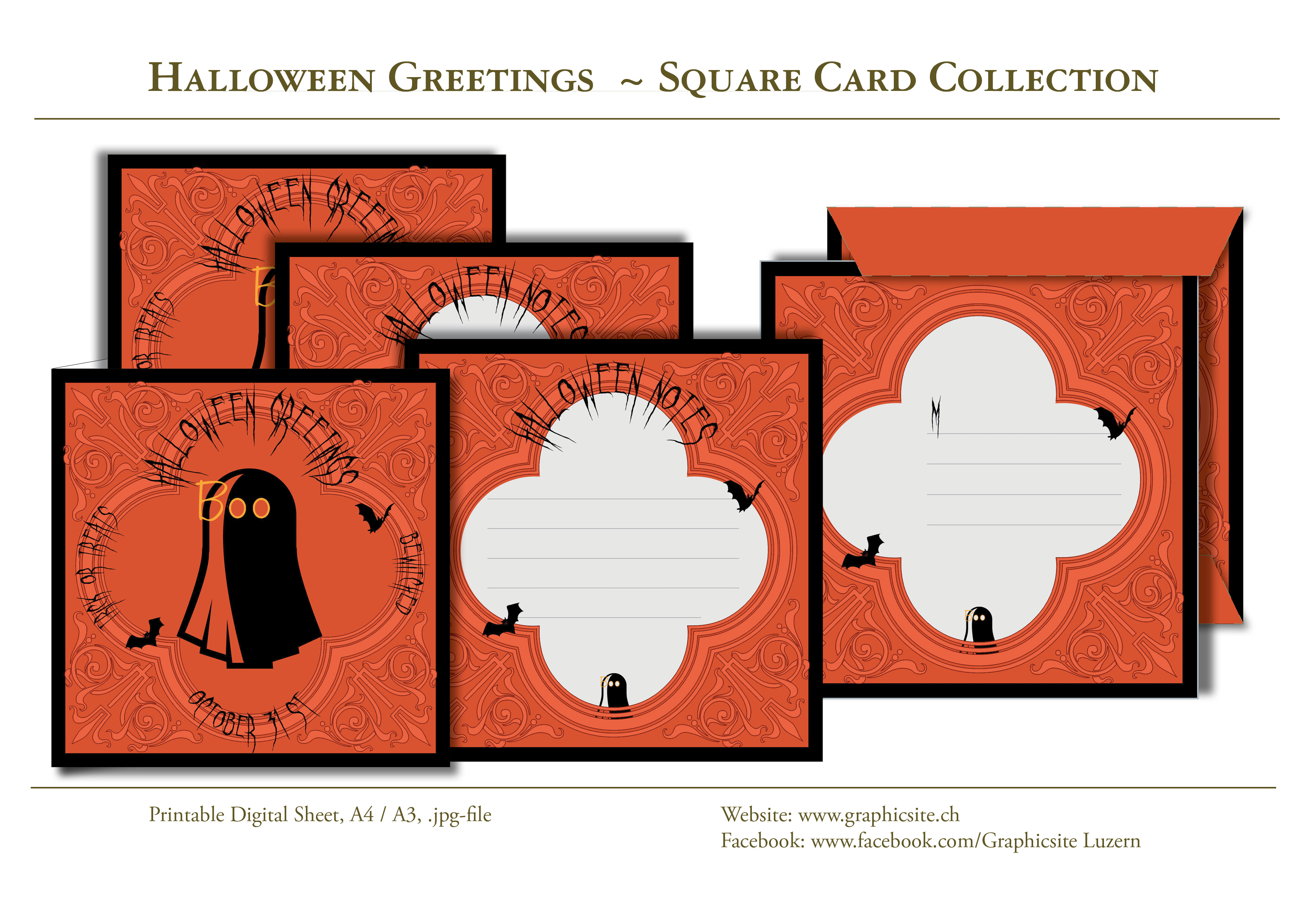 Printable Digital Sheets - Square Card Collection - Halloween Greetings - Spooky - Graphic Design - Luzern,
