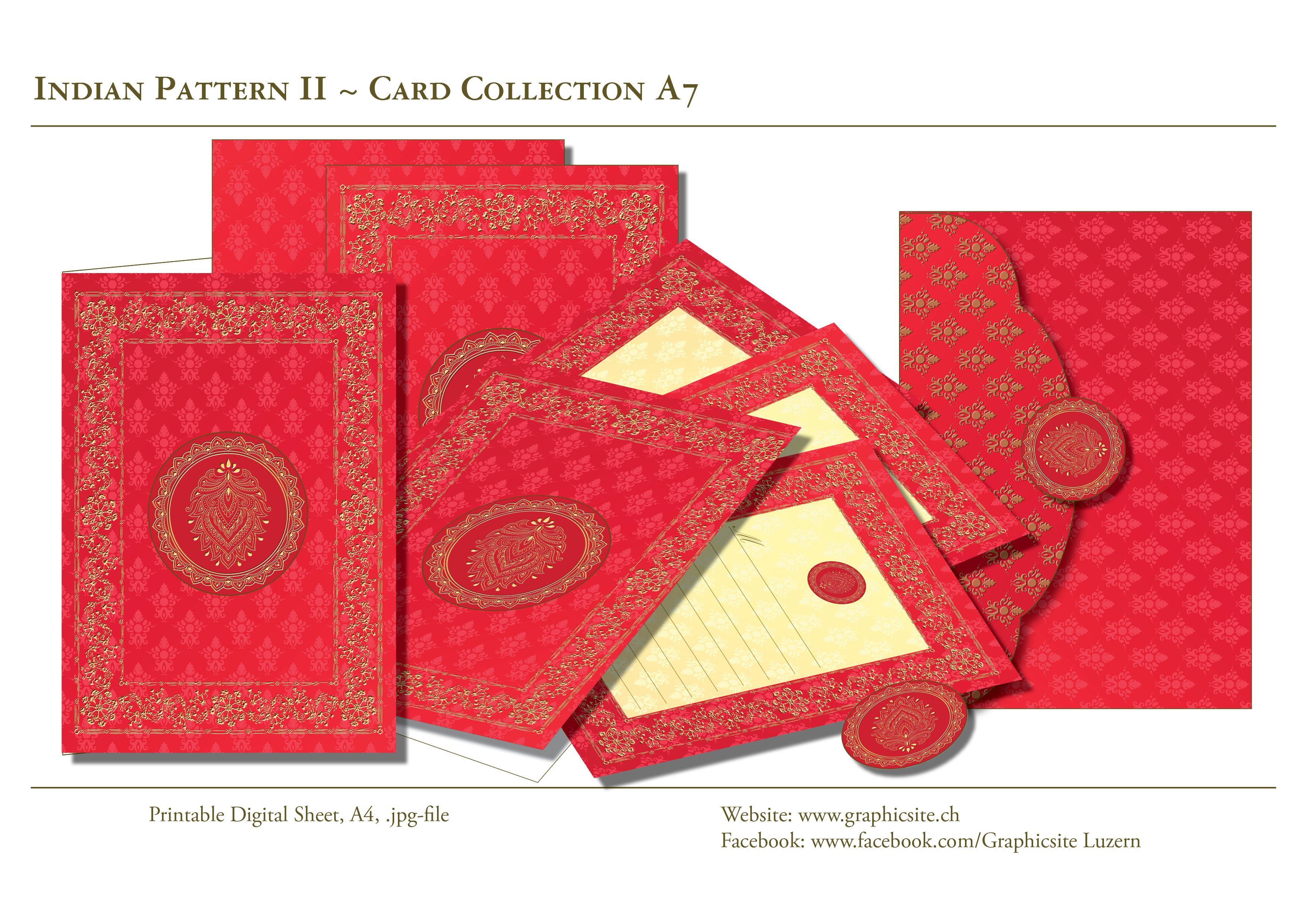 IndianPattern2 - Rot - Hochzeit - Kartenkollektion - Kuvert, Indien,  Yoga, Meditation, druckbare Karten A7, download, Graphic Design Luzern, Grafiker Luzern, Schweiz
