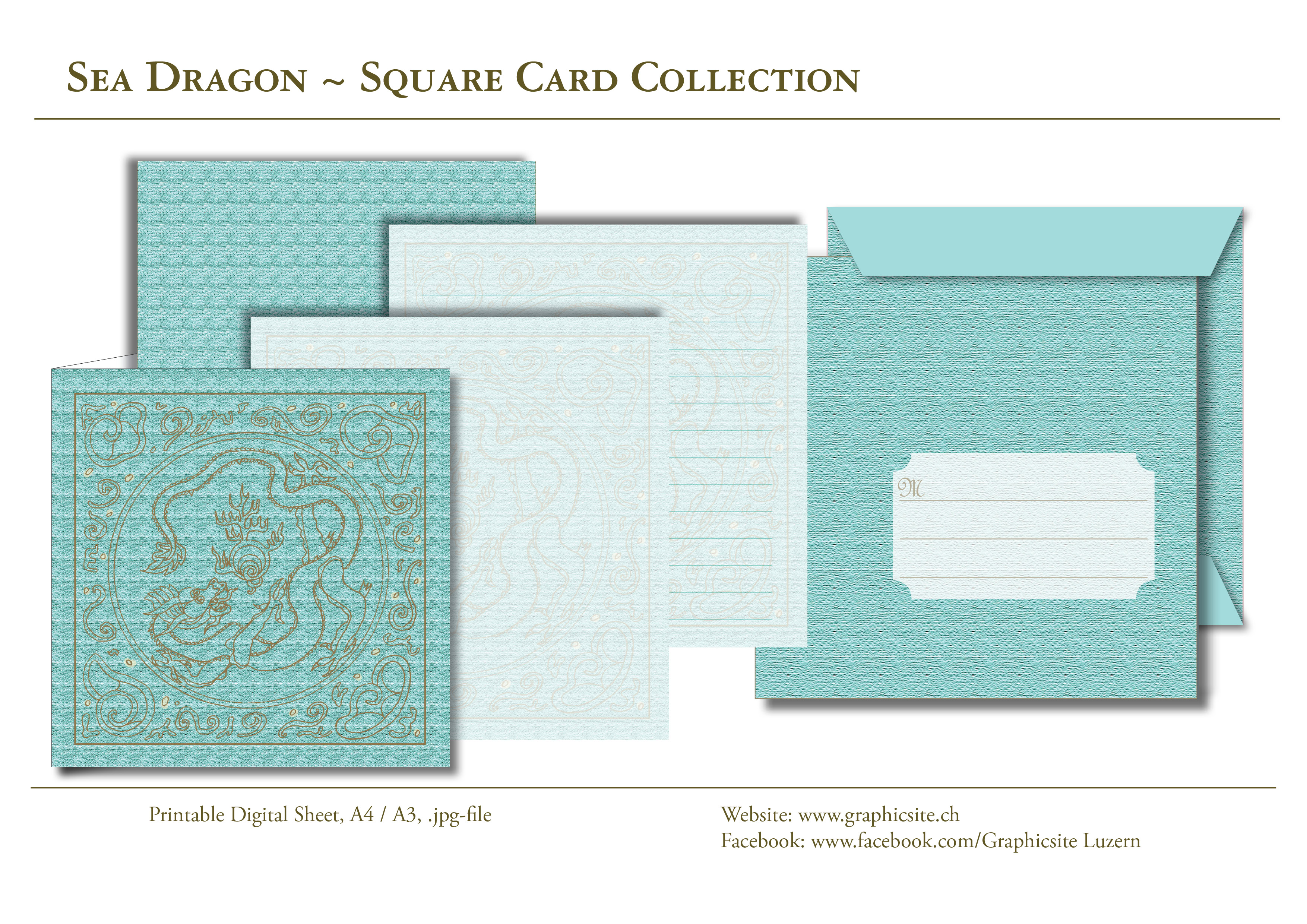 Printable Digital Sheets, Greeting Cards, Square Cards, Sea, Ocean, Dragon, Turquoise,