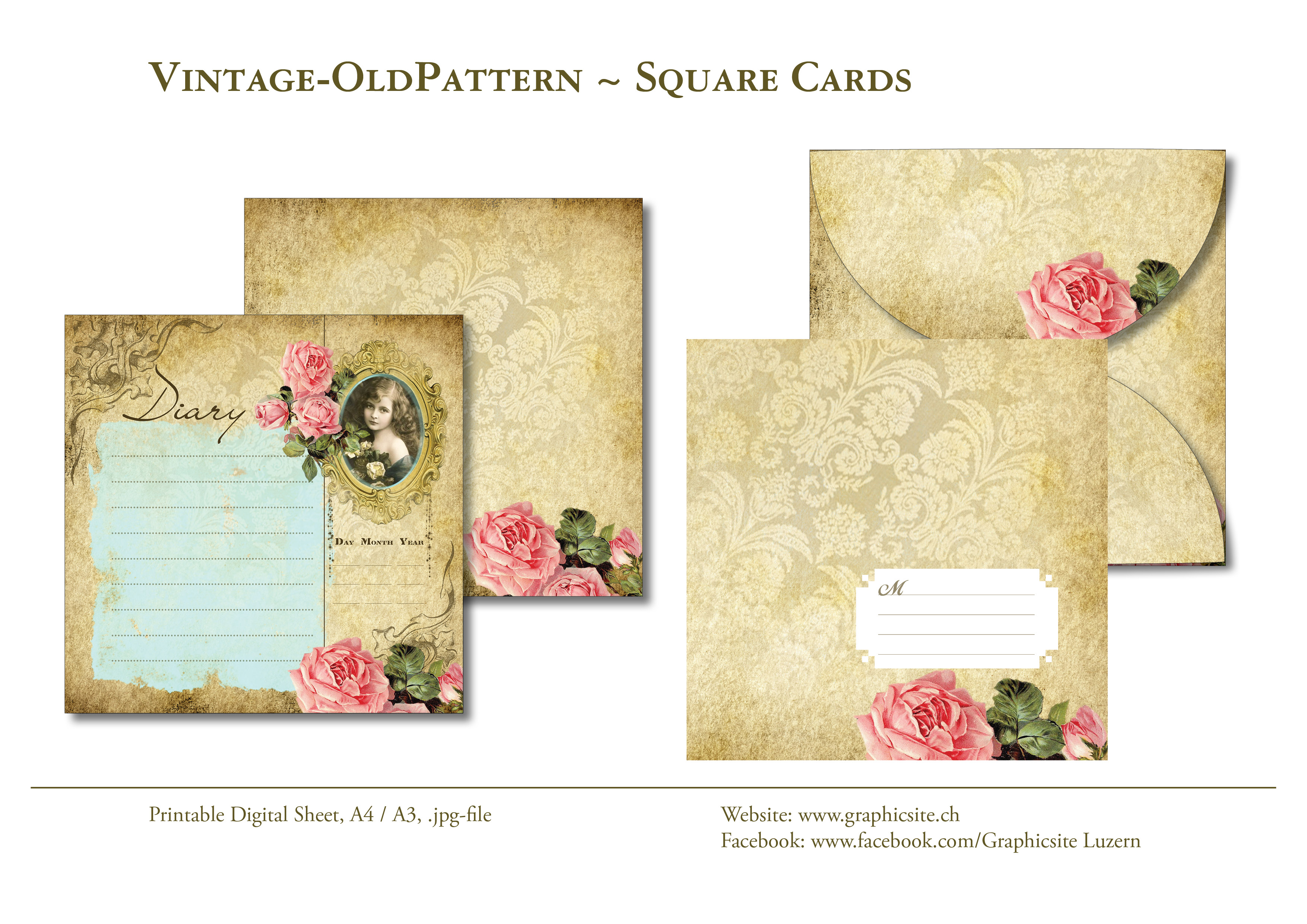 Printable Digital Sheets - Cards - Square Cards - Greeting Cards - Love Cards - download - online - Flowers - Floral - Vintage Cards - Old Pattern - Girl - Graphic Design, Luzern, Schweiz