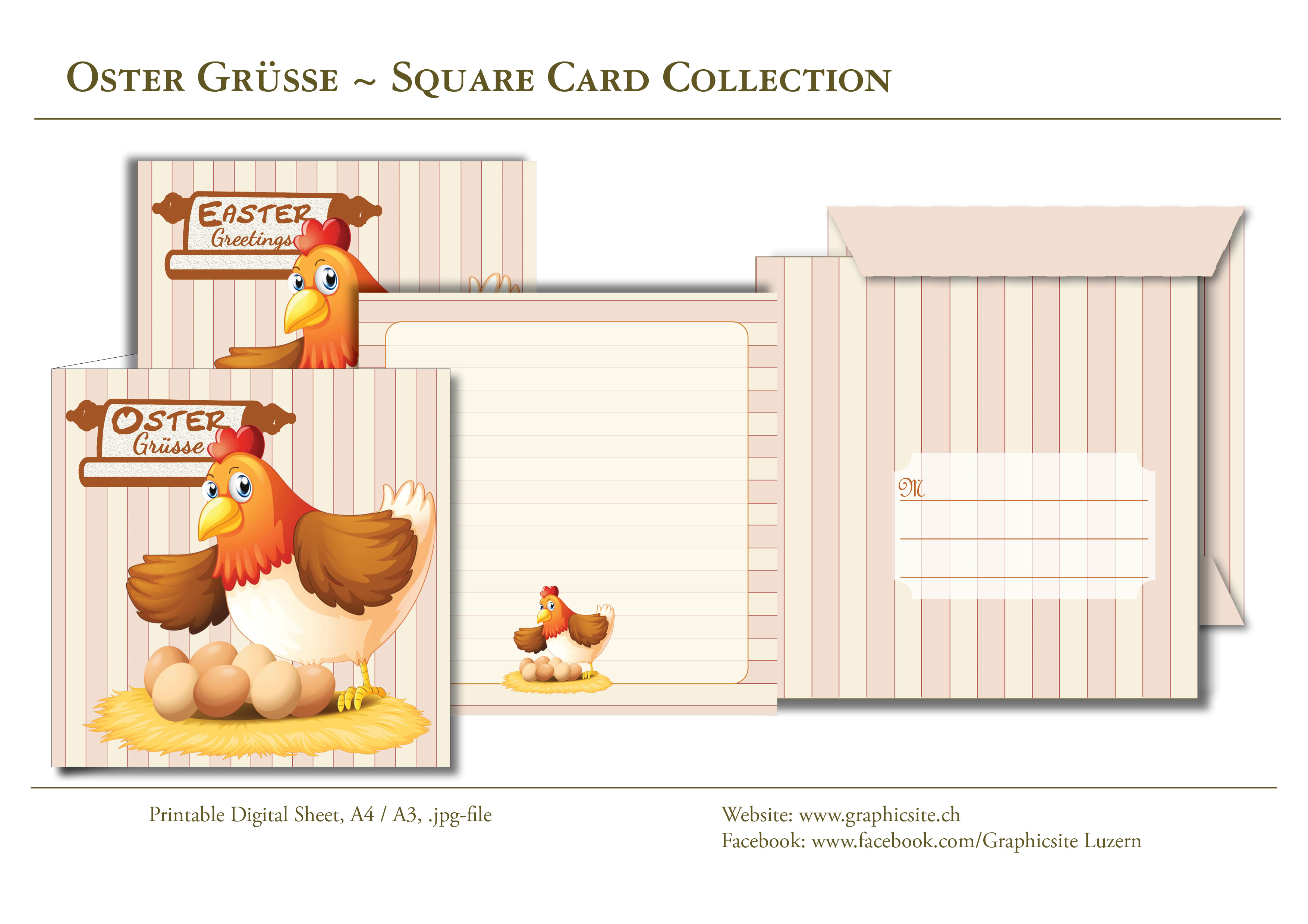 Printable Digital Sheets - Square Card Collection - Easter, Hen, Chicken, Eggs,