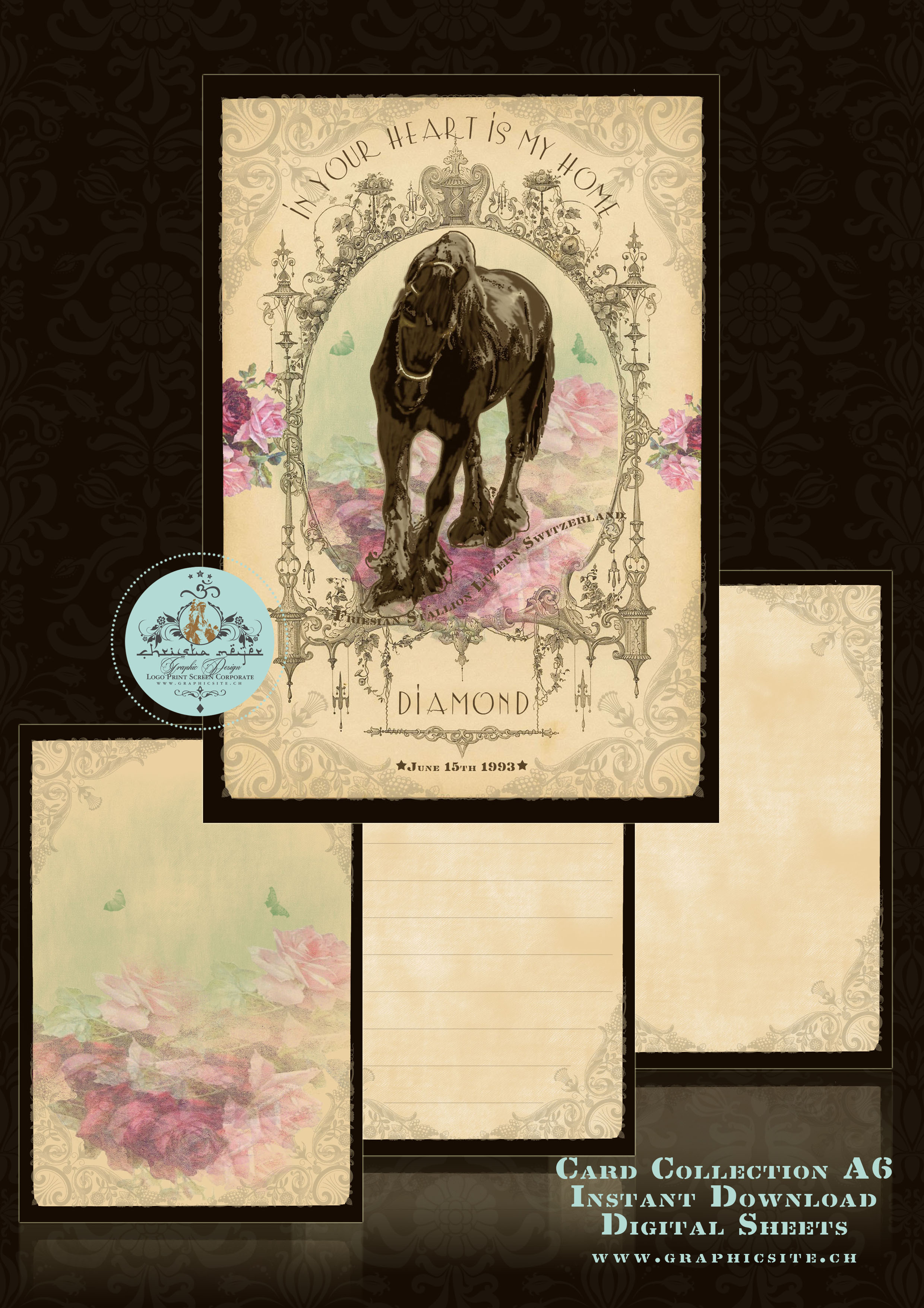 HorsePoem, Card Collection, Horse, Friesian, Flowers, Roses, floral, Ornament, 