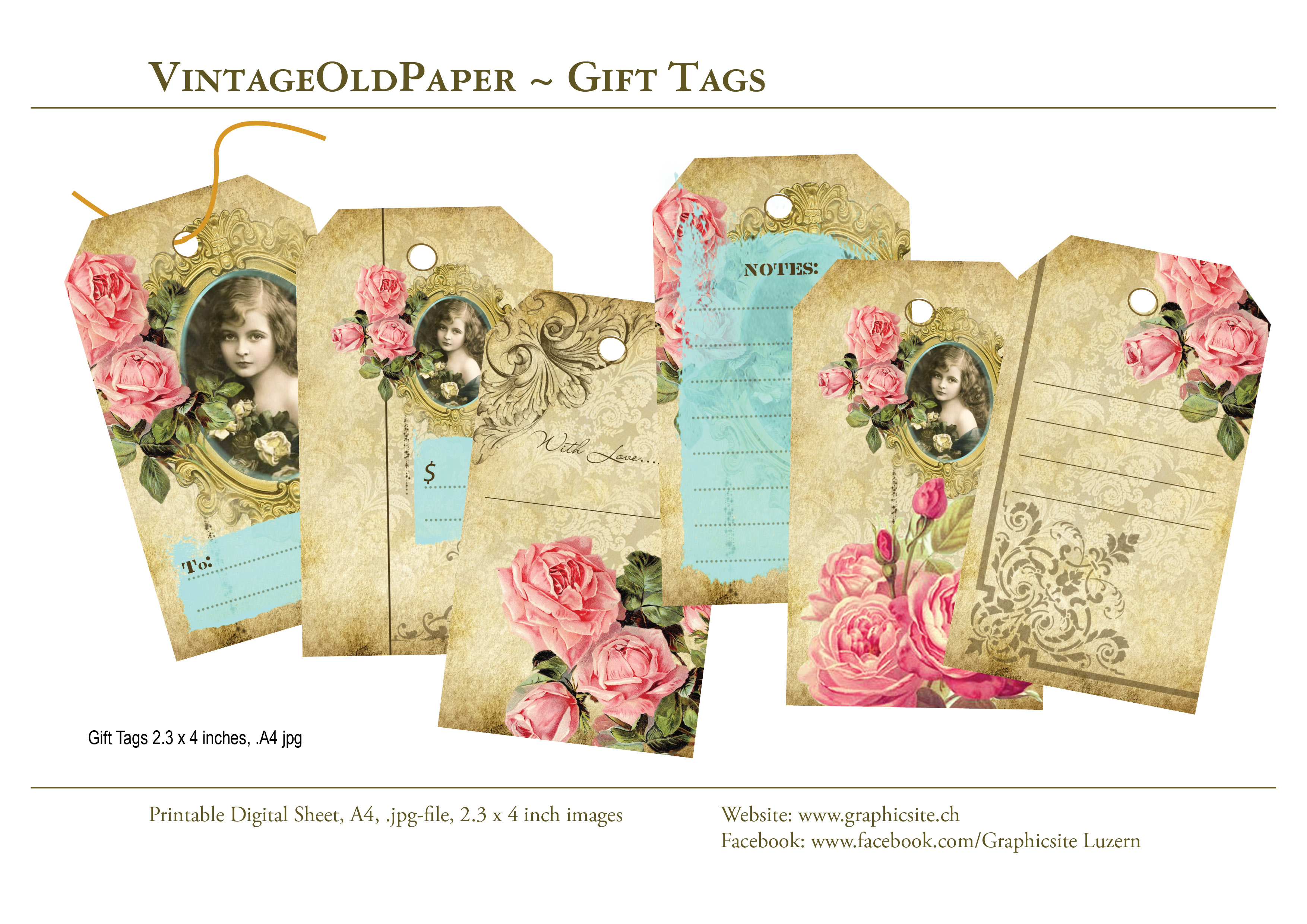 Karten selber drucken - Etiketten - Geschenketiketten - Vintage - Altes Papier - Mädchen - Blumen - Rosen - Grafiker Luzern, Schweiz