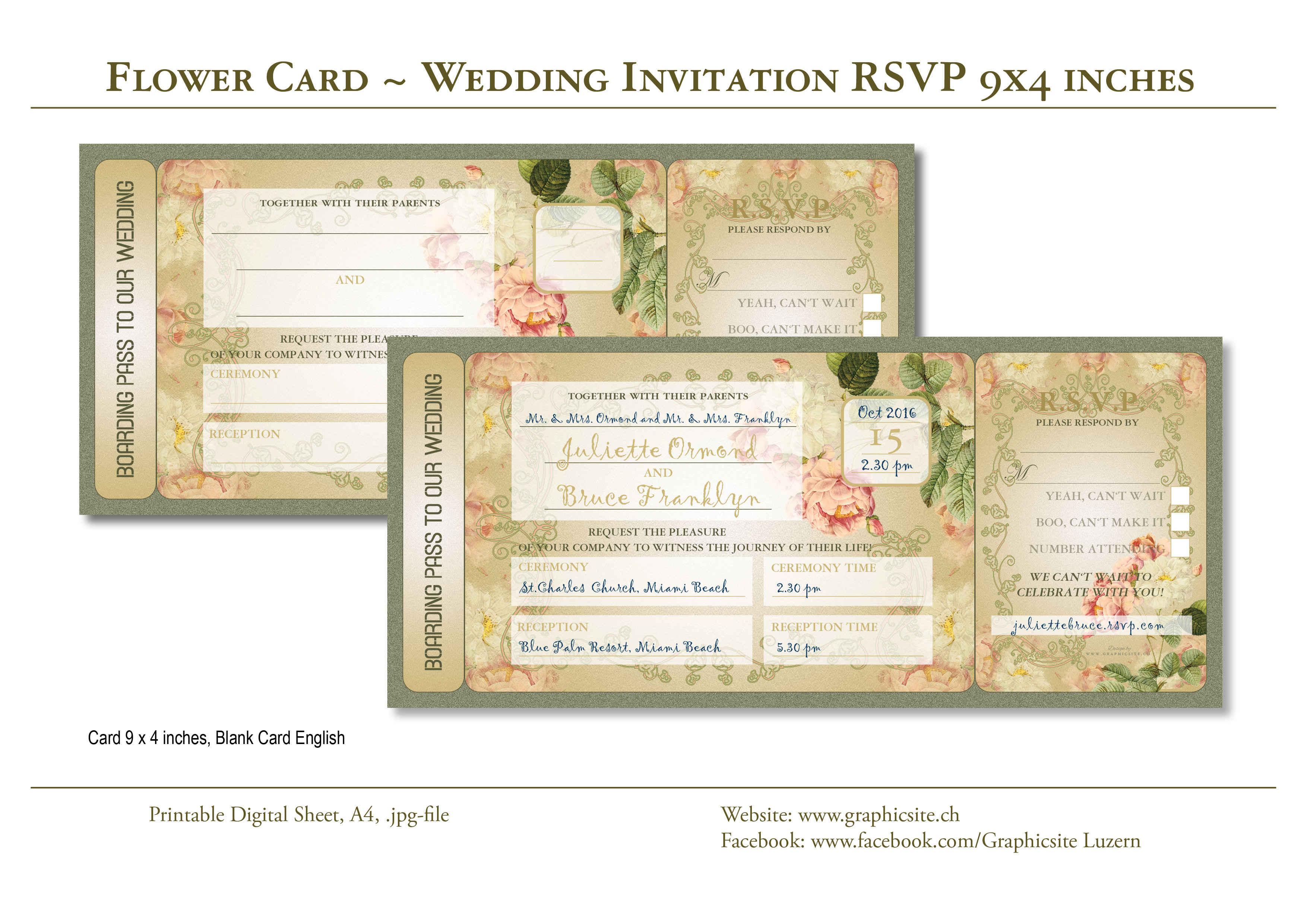 Printable Digital Sheets - Cards 9x4 inches - Flower Cards - Wedding Invitation RSVP - Graphic Design Luzern, Schweiz,