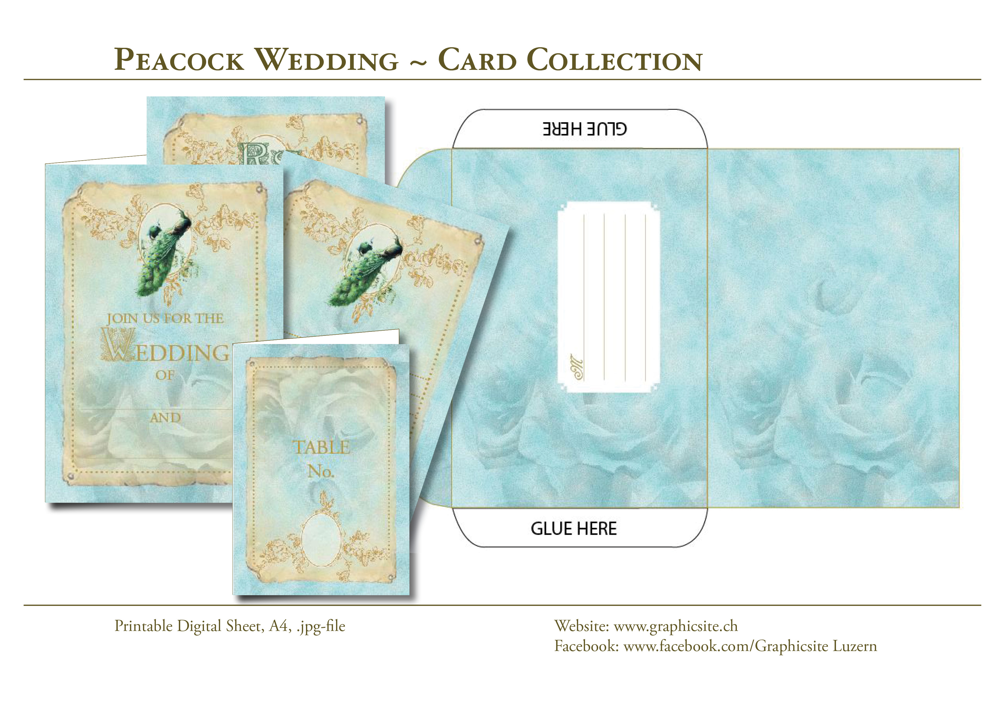 Printable Digital Sheets - DIN A - PeacockWedding - Card Collection - Invitation, Invite, Cards, RSVP, Envelope, Graphic Design Luzern, Schweiz