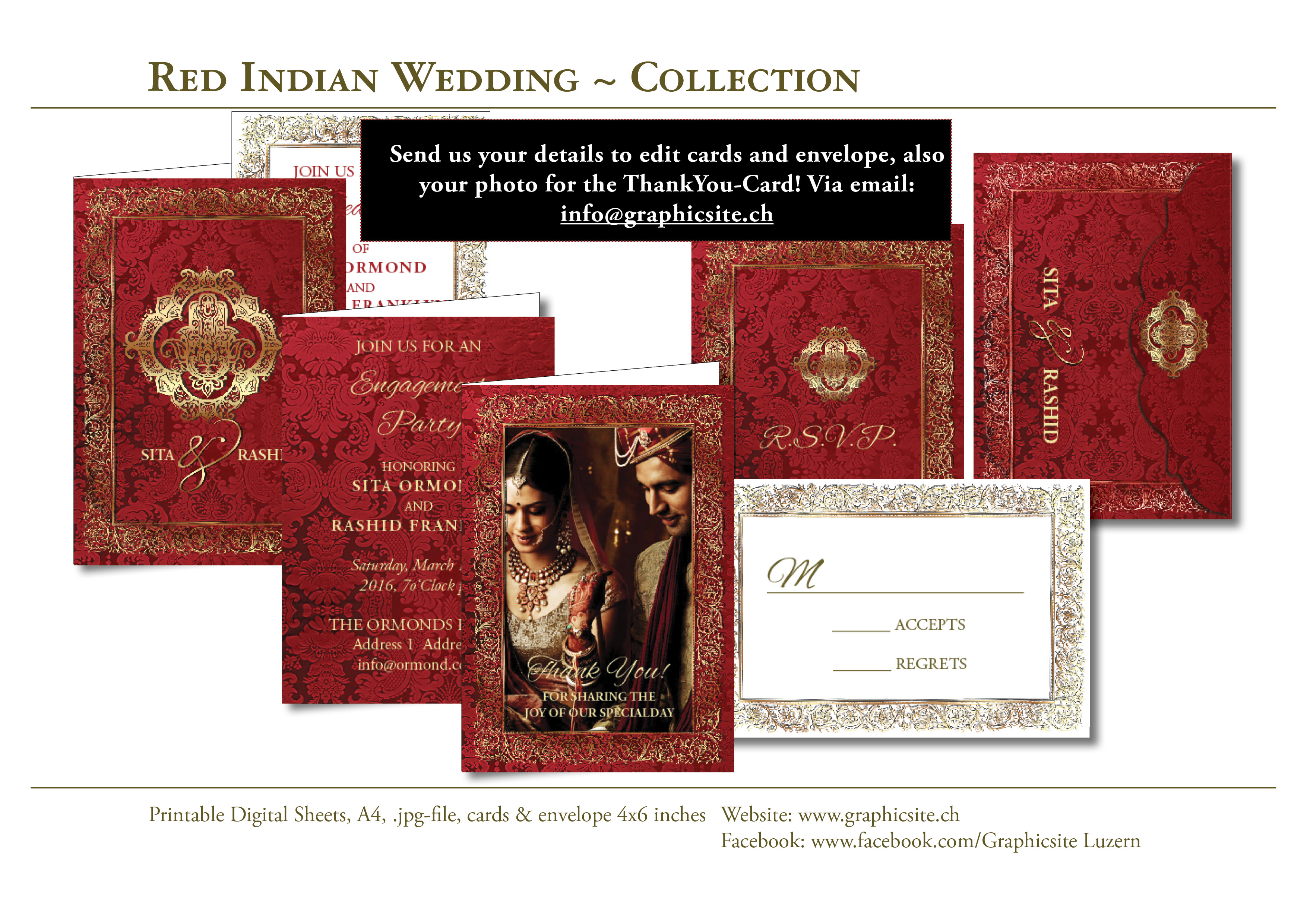 Red Indian Wedding - Invitation Collection - 6x4 inches #wedding, #invitation, #collection, #switzerland, #cardprinting,