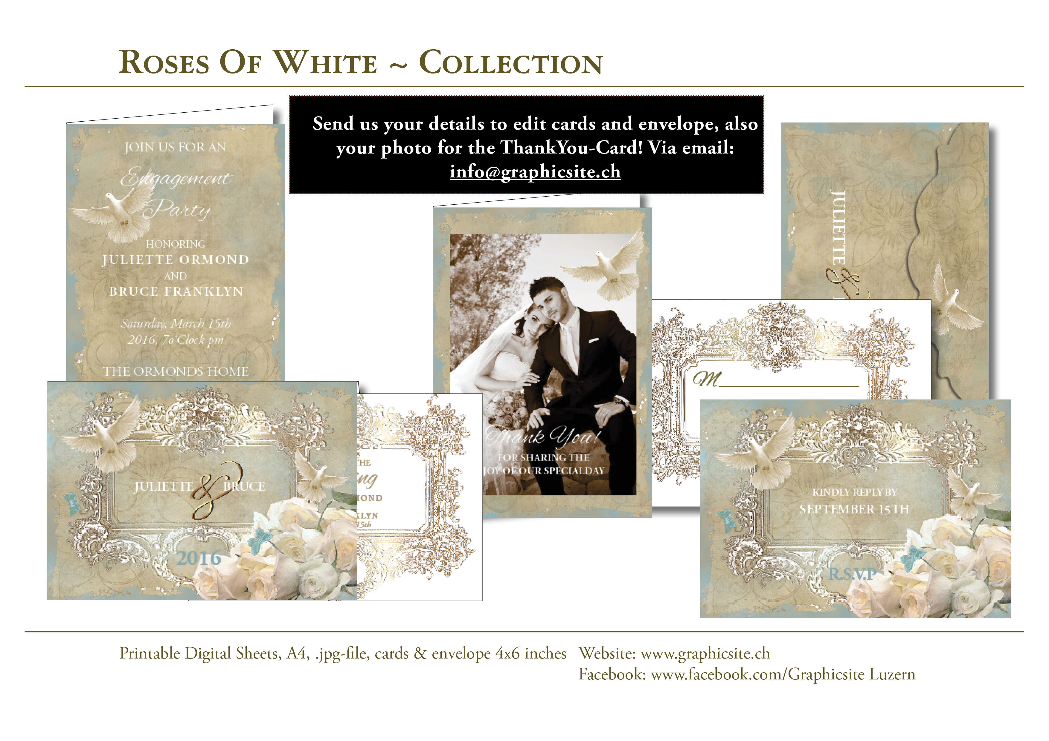 RosesOfWhite - Printable Digital Sheets - Wedding Cards - 6x4 images