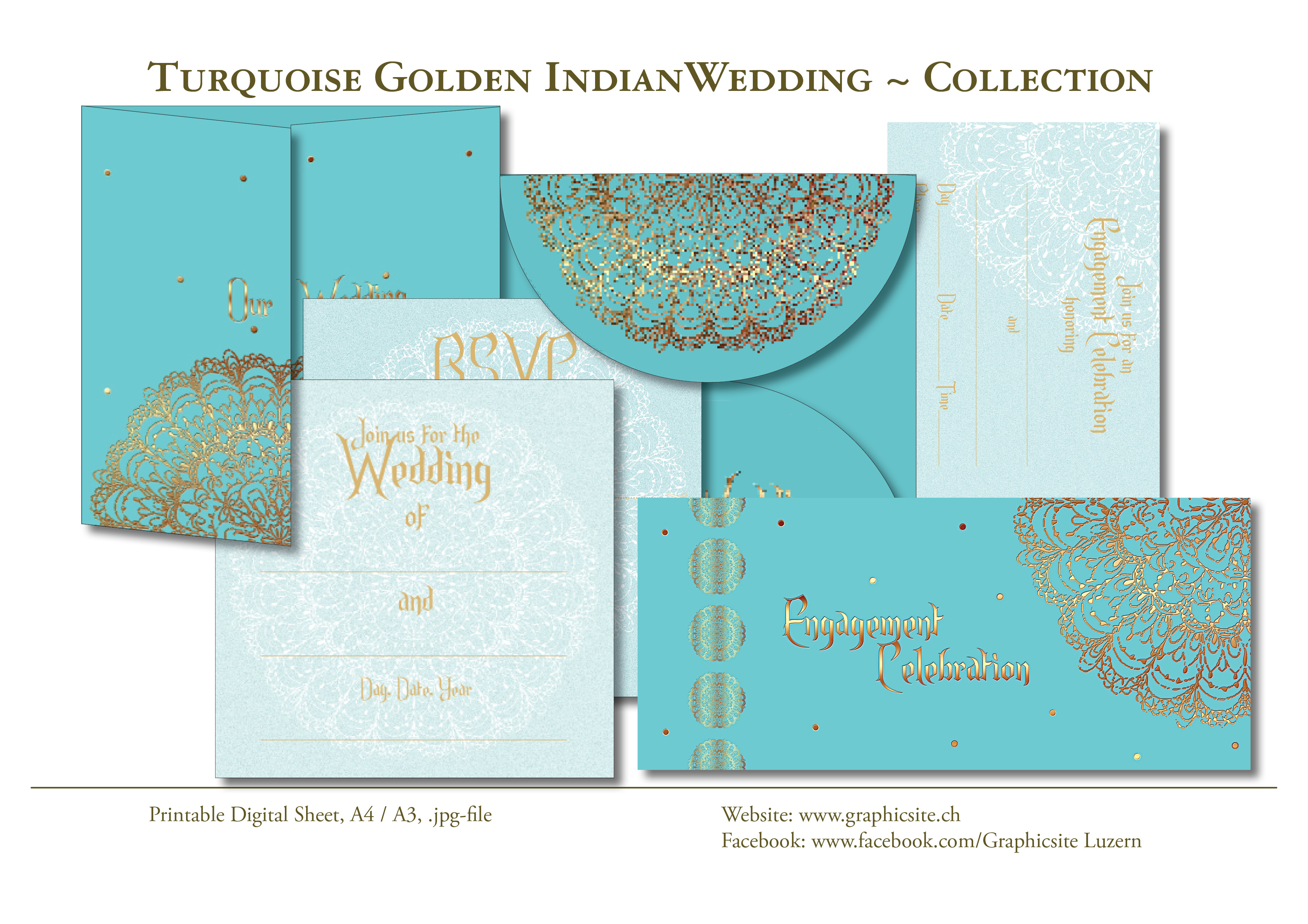 Printable Digital Sheets - Wedding Collection - Turquoise Golden IndianWedding - #stationary, #wedding, #invitation, #cards, #download, #paper, #crafts, #scrapbooking,